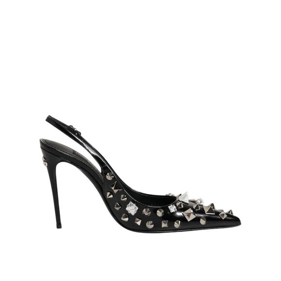 Dolce & Gabbana Black Studded Leather Heels Slingbacks Women's Shoes